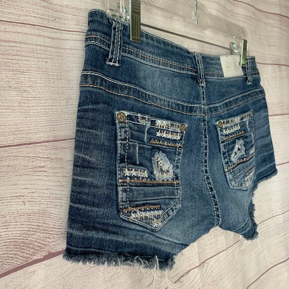 Shyanne Distressed Denim Jean Shorts Cutoffs Embroidered Jewel Detail Size 30 - Picture 15 of 16
